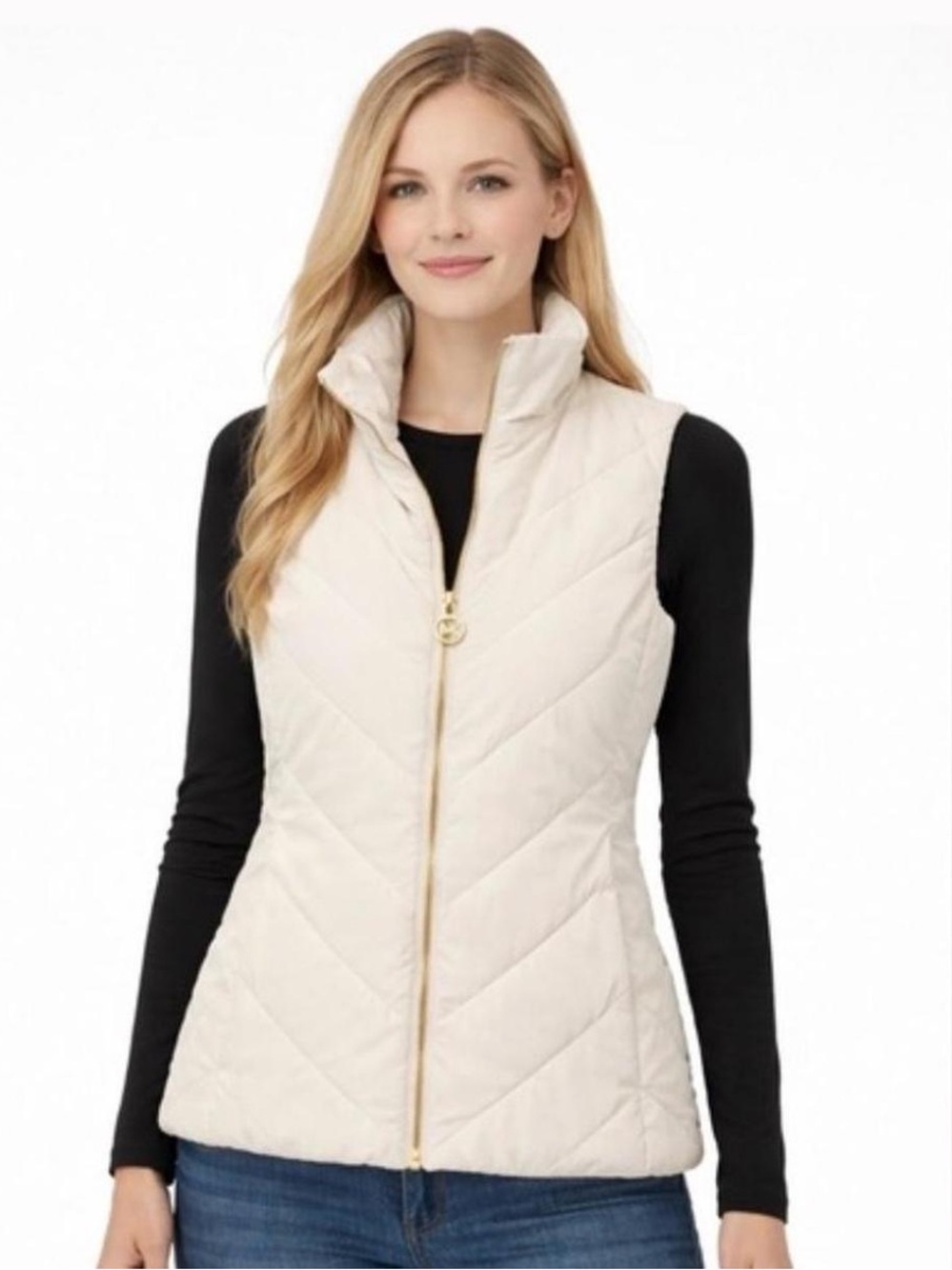 Michael Kors Cream Quilted Zip-Front Puffer Vest with Gold Hardware